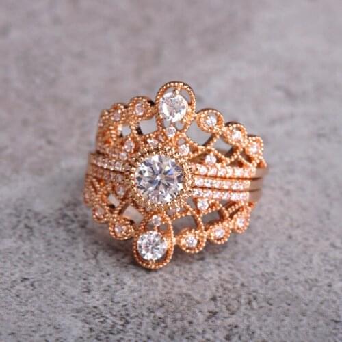Frence Three Stackable Zircon Crown Ring Set For Women Hollow Princess Queen Aros Wedding Bridal Party Anello Gold color Joyas