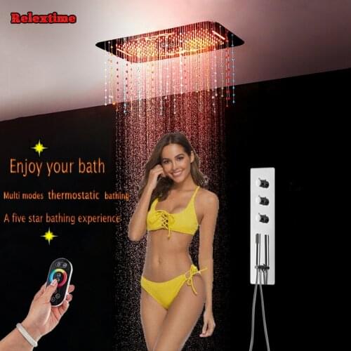 Crystal Pendant LED Ceiling Waterfall Shower Head Inwall Bathroom Concealed Shower Set Adjust Flow Panel thermostatic faucet
