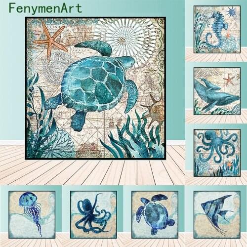 Blue Marine Life Canvas Painting Jellyfish Turtle Seahorse Octopus Poster Print Nordic Wall Art Picture Living Room Home Decor