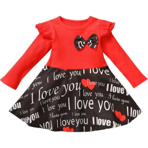 2021 Valentines Kids Girls Dress Red Love Letters Print Ruffles Long Sleeve Patchwork A Line Dress Spring Infant Clothing 6M-4T