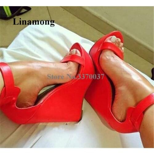 Linamong Fashion High Platform Wedge Sandals Open Toe One Strap Ankle Strap Buckle Red Blue Brown Wedges Formal Dress Shoes