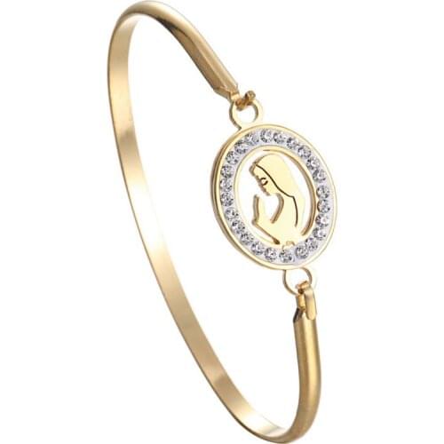 Fashion Crystal Virgin Mary Open Bangle For Women Stainless Steel Adjustable Wire Bracelet Manchette Friendship Modern Jewelry