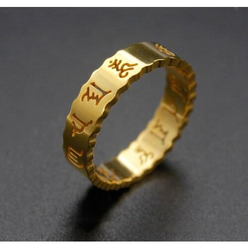 Fashion titanium steel six word mantra ring womens hollow simple stainless steel tail ring hot sale
