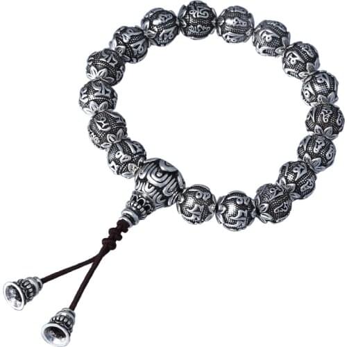 Trendy jewelry 925 Sterling Silver Chinese style Om mani padme hum round bead bracelets for women and men uddhism ornaments