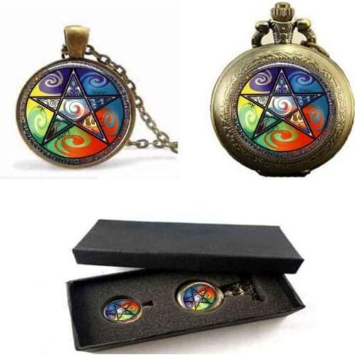 Newest 2017 Pentacle Glass Photo pendant necklace Dome jewelry vintage bronze Occult Wiccan pocket watch with free box