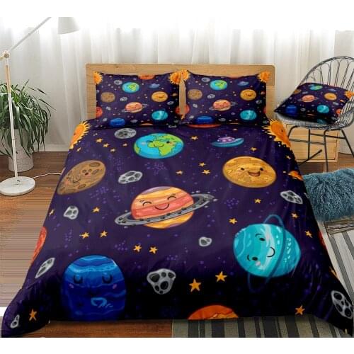 Cartoon Planets Duvet Cover Set Astronaut Rocket Ship Planets Stars Bedding Kids Boys Girls Space Quilt Cover Queen Dropship