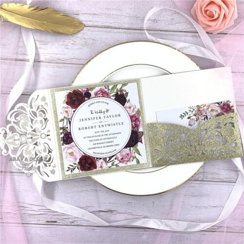 Luxury Champagne Gold Glitter Tri-Fold Laser Cut Pocket Wedding Invite With Belly Band