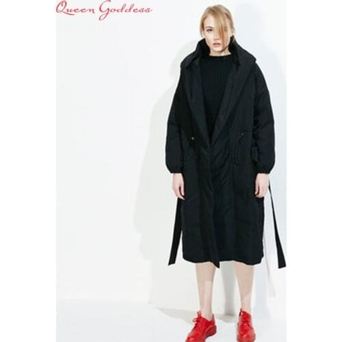 Loose high-street cool style thicken and warm long down jacket plus size with hood parkas Adjustable waist women outwear quailty