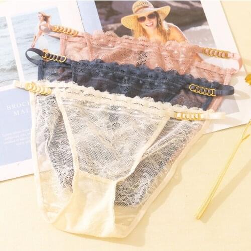 New Womens Underwear Sexy Lace Panties Fashion Hollow Out Metal Buckle Briefs Mid Waist Seamless Underpants Female Lingerie