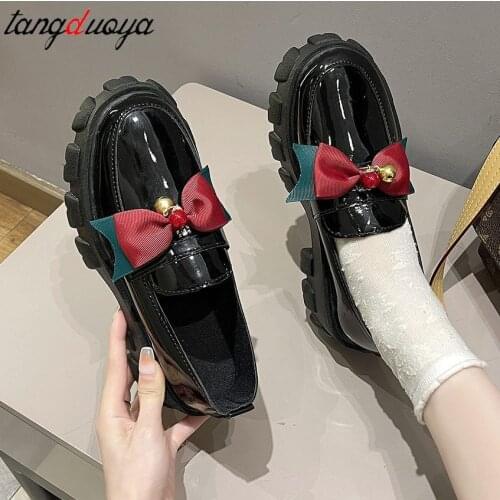 Bow Vintage shoes Black Platform Shoes Women Loafers Slip On Boat Shoes Autumn Office mary jane shoes Casual Leather Oxfords