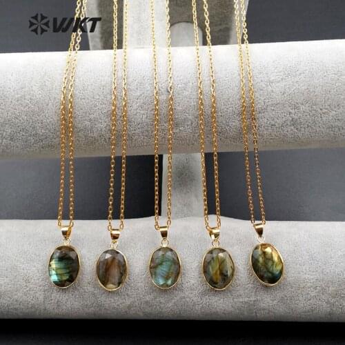 WT-N971 Wholesale 10 pieces / lot natural labradorite necklace High quality labradorite gold electroplate lady necklace 15*25mm