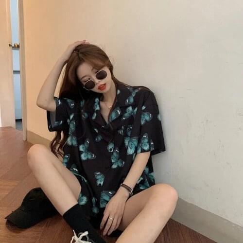 2021 Summer Oversize Short Sleeve Women Blouse Shirt Loose butterfly Printing Button Up Ladies Shirts Y2k Female Clothing