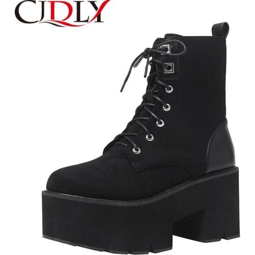 CJDLY Lace Up Women Boots Platform Buckle Boot Winter Shoes Thick Heel Autmn Boots Zipper Ankle Stitching Black Suede Gothic