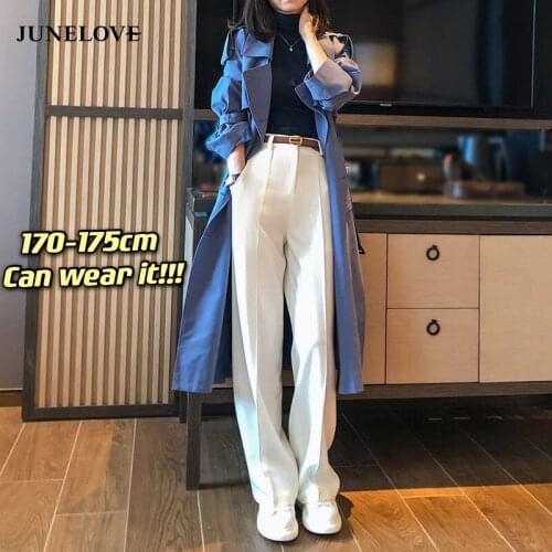 JuneLove 170-175cm Tall Women Long Bottoms Pants Spring Straight High Waist Wide Leg Pants White Office Lady Casual Trousers