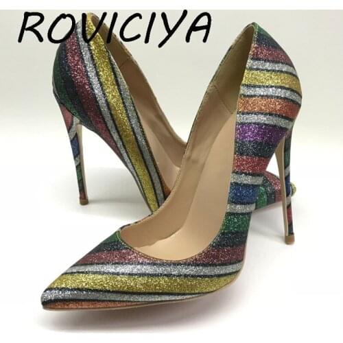 Stripe glitter stiletto sexy womens pumps colourful 12cm/10cm/8cm high heels ladies pointed toe wedding shoes LF012 ROVICIYA