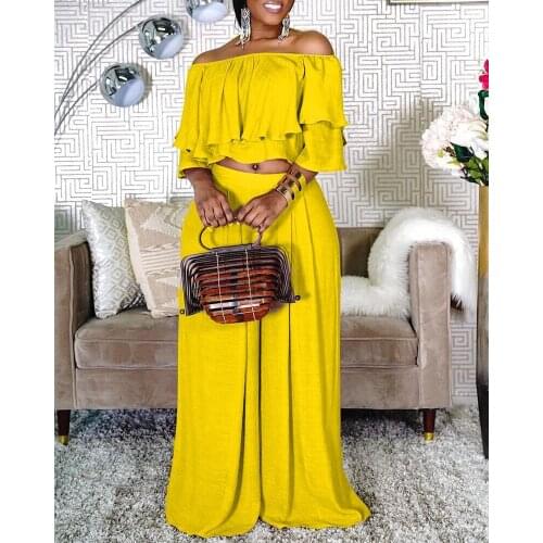 Womens Suit Off Shoulder Ruffles Pantsuits Womens Tracksuit Plus Size 2 Pcs Sweatshirt Set Straight Outsuit Pants Set Playsuit