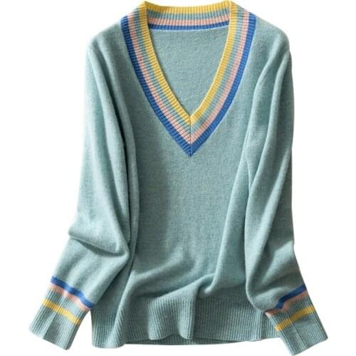 Autumn winter V-neck cashmere sweater womens 2021 new pure wool sweater loose Pullover Top bottomed sweater fashion