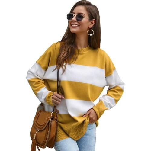 Autumn winter women sweatshirts long sleeves and round neck and stripe and color matching fashion femal sweater