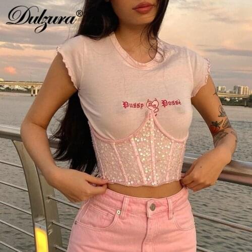 Dulzura Letter Embroidery Women Sequin Corset Top Crops T Shirt Short Sleeve Bodycon Sexy Streetwear 2021 Summer Clothes Casual