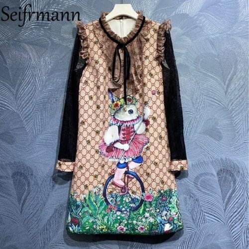 Seifrmann New 2021 Summer Women Fashion Runway Mini Dress Long Sleeve Gorgeous Bow Ruffles Floral Print A-Line Dresses Vestidos