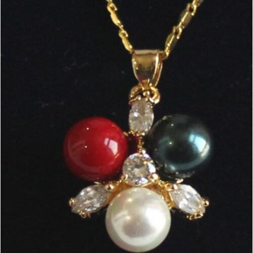 Womens fashion gold plated white zircon + Black + white + Red Shell Pearl Pendant Necklace