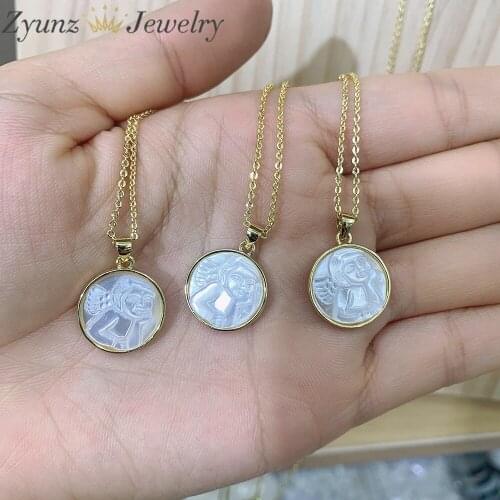 5PCS, Nature Mother of Pearl Shell Angel Pendant Necklace for Women Angel & Mother Pearl Charms Necklace