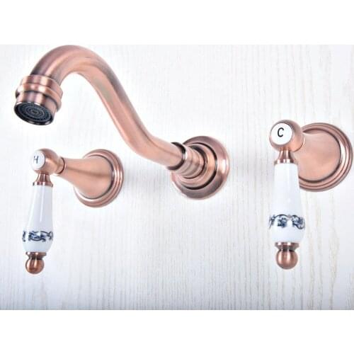 Antique Red Copper Brass Widespread Wall-Mounted Tub 3 Holes Dual Ceramic Handles Bathroom Tub Sink Faucet Mixer Tap asf508