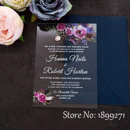 Free shipping elegant purple flowers arcylic invitations wedding cards with personized printing wedding invited post card supply