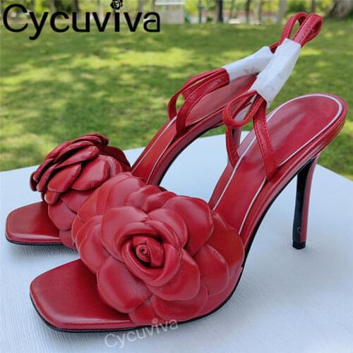 Designer Leather Flower Women Sandals Ankle strap High Heel Shoes Woman Party Nightclub Pumps Black Red Sandals Summer Shoes