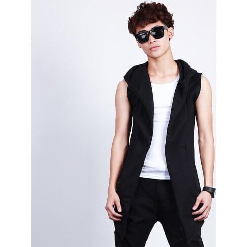 Spring and summer mid-long mens casual vest sleeveless vest hoodie vest jacket