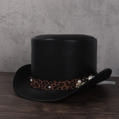 Women Leather Top Hat Lady Top Fedoras Hat Magician Cosplay Party Caps Dropshiping 3Size 13CM
