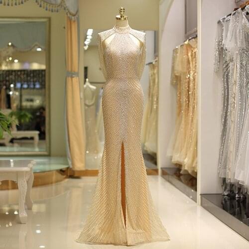 Dubai 2020 Luxury Evening Dress Mermaid Beading High Collar Sequines Sleeveless Formal Party Gown