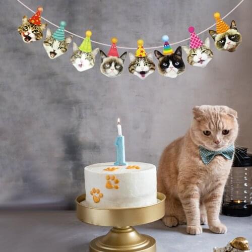 JQSYRISE 1Set Cat Face Banner Happy Birthday Party Decoration Cat Pet Party Bunting Garland Birthday Flag Hanging Home Supplies