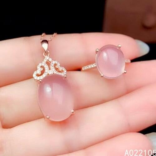 KJJEAXCMY fine jewelry 925 sterling silver inlaid Natural Rose Quartz women lovely classic oval gem pendant ring set support det