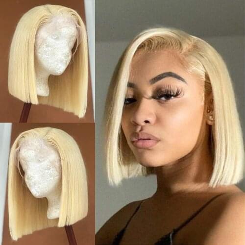DaiQi Short Bob Wig Transparent Synthetic Lace Front Wig For Women Heat Resistant Fiber 613 Blonde 150% Density Daily Cosplay