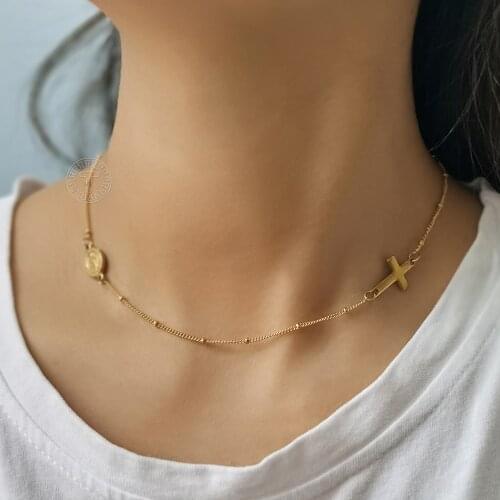 Cross Crucifix Virgin Mary Pendant Bead Chain Choker Necklace Stainless Steel Collar Statement Christian Women Jewelry DN270