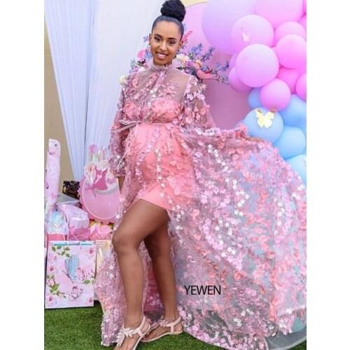 Lace Long Sleeves Pink Maternity Gown Prom Dresses For Photo Shoot Yewen