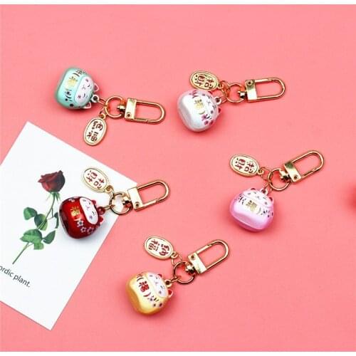 Japanese Cute Lucky Cat KeyChains Car Keys Bag Key Chains Decor Water Sound Bell Pendent Charm for Airpods for Samsung Buds Live