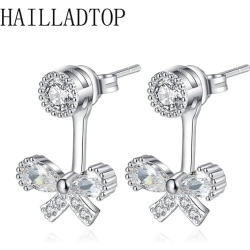 Sweet Bowknot Zircon Stud Earring Crystal Rear Hanging Eardrop Tassel Butterfly Silver Plated Ear Jewelry Birthday Gift Trendy