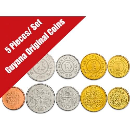5 Pieces Set Guyana 1 Cent-1 Dollar America New Original Coin Unc Genuine Coins Collectible Gift