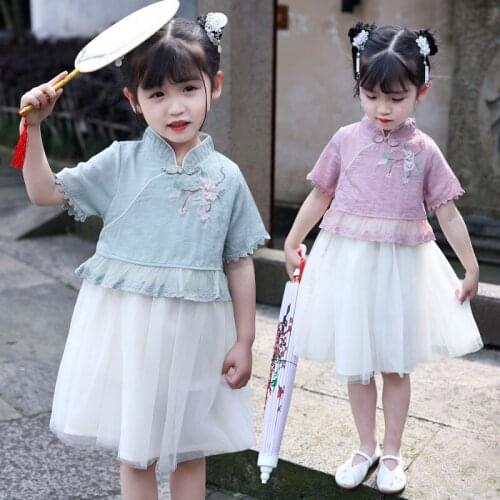 Newly Girls Retro Traditional Chinese Cheongsam Dress Mesh Kids Fairy Dress Summer Guzheng Costume Tang Suit For Children SL1010