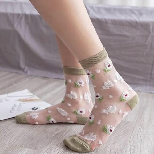 Novelty Embroidery Flower Ultra-Thin Crystal Silk Tide Socks Women Transparent Mesh Fishnet Happy Sock Breathable Casual Soxs