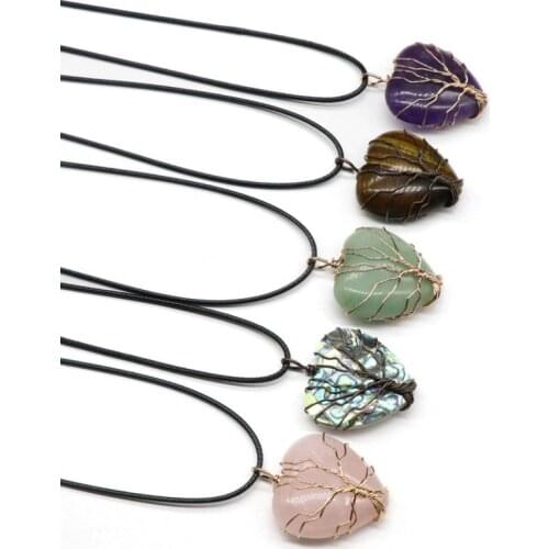 Natural Crystal Love Heart-shaped Winding Tree of Life Pendant Necklace Glamour Ladies' Jewellery Affordable Leather Rope Chain