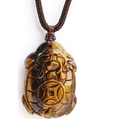 Colgante de ojo de tigre amarillo Natural collar de tortuga dragón chino tallado amuleto de la suerte para hombres joyas de pied