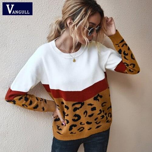 Vangull leopard Womens sweater Autumn O Neck casual Loose knitting tops long sleeve Fashion sweater ladies oversize pullovers