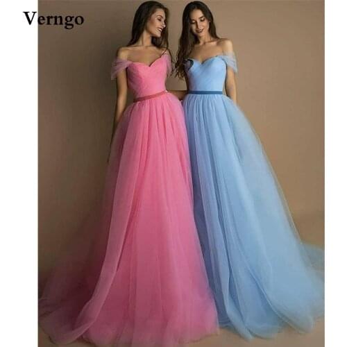 Verngo Simple A Line Pink/Blue Tulle Evening Dress Off Shoulder Pleats Long Prom Gowns Velvet Sash Graduation Party Dresses