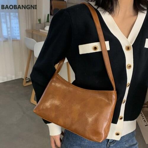 Vintage Baguette Womens Bag PU Leather Shoulder Bag Simple Solid Color Lady Handbag Designer Armpit Bag Girls Shopping Purse