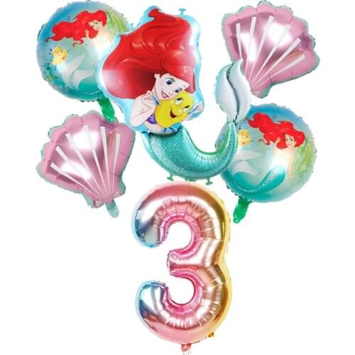 1Set Mermaid Ariel Cartoon Balloons Princess Foil Balloon 32Inch Number Baby Girl Pink Air Baloes Birthday Party Decor Kids Toy