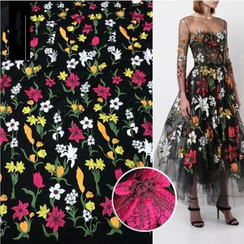 Mesh bottom embroidered fabric, multi-color embroidered lace, womens dress, mesh fabric