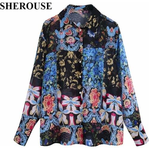 SHEROUSE Fashion Women Contrast Printed Shirt Vintage Single Breasted Long Sleeve Lapel Collar Woman Shirts Chic Tops Blouse